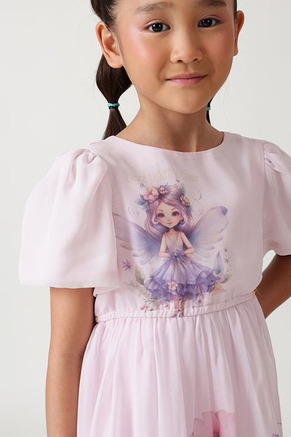 Girls Lilac Fitted & Flared Bell Sleeve Fairy Print Dress by One Friday