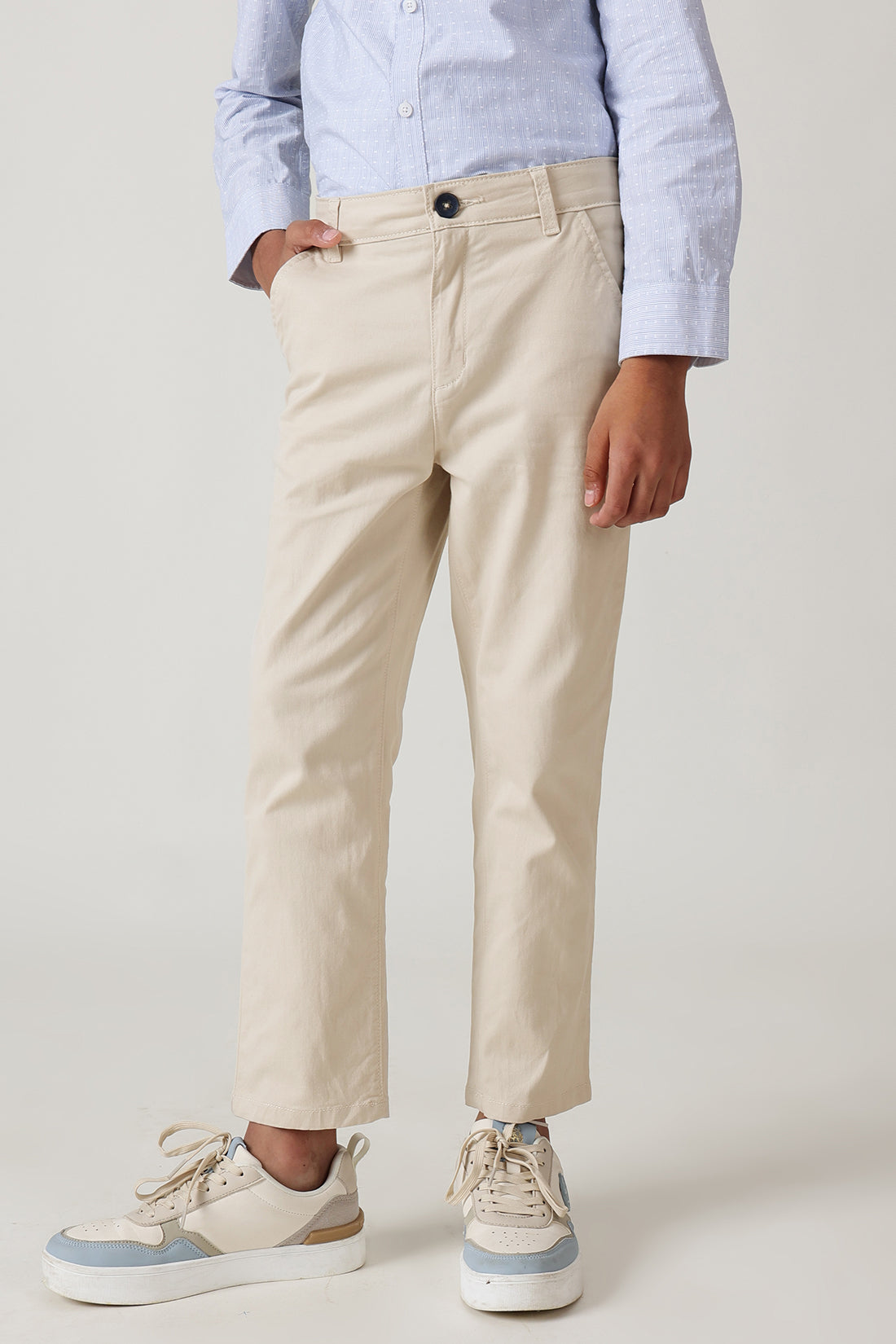 Boys Beige Regular Fit Solid Trouser by One Friday