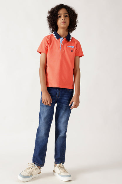 Boys Peach Regular Fitted Half Sleeve Solid T-Shirt by One Friday