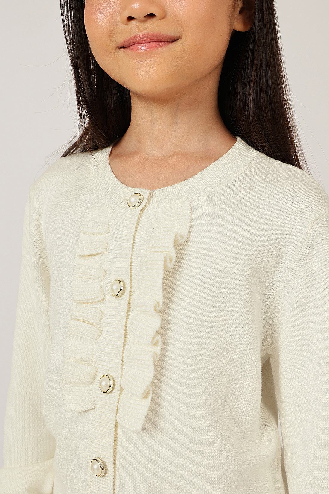 Girls Off White Round Neck Full Sleeve Cardigan