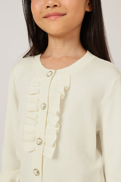 Girls Off White Round Neck Full Sleeve Cardigan