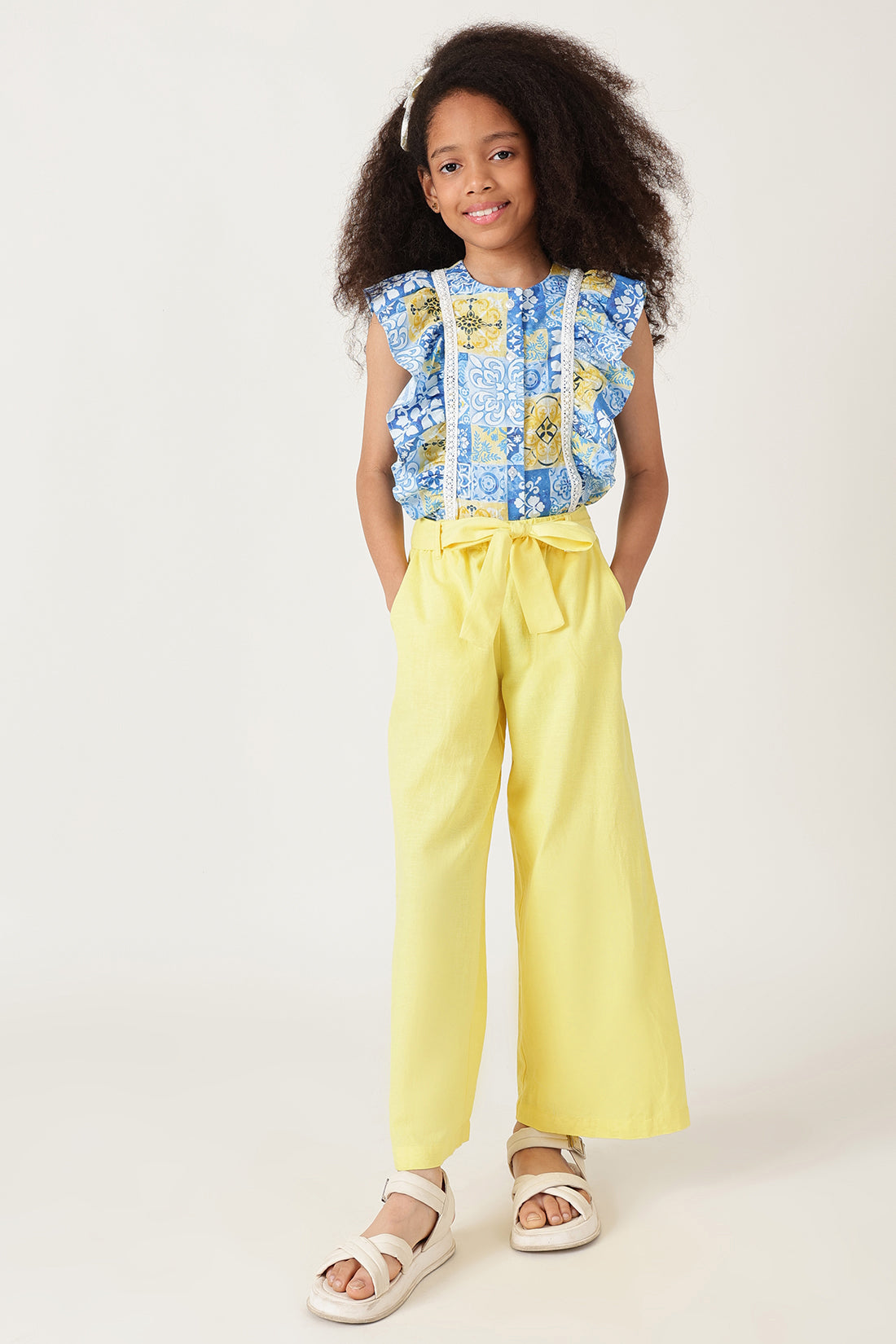 Girls Yellow Regular Fit Solid Culottes by One Friday