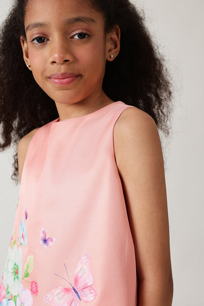 Girls Peach A-Line Sleeveless Printed Top by One Friday