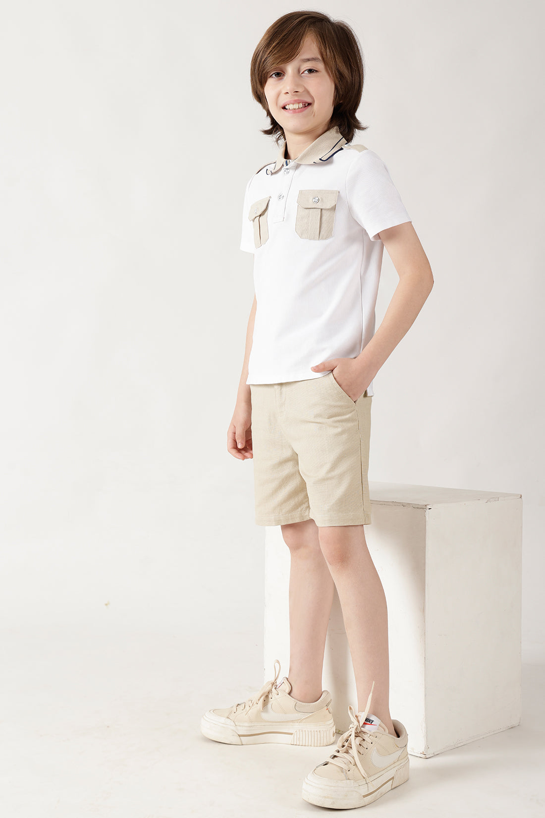 Boys Beige Regular Fitted Solid Shorts by One Friday