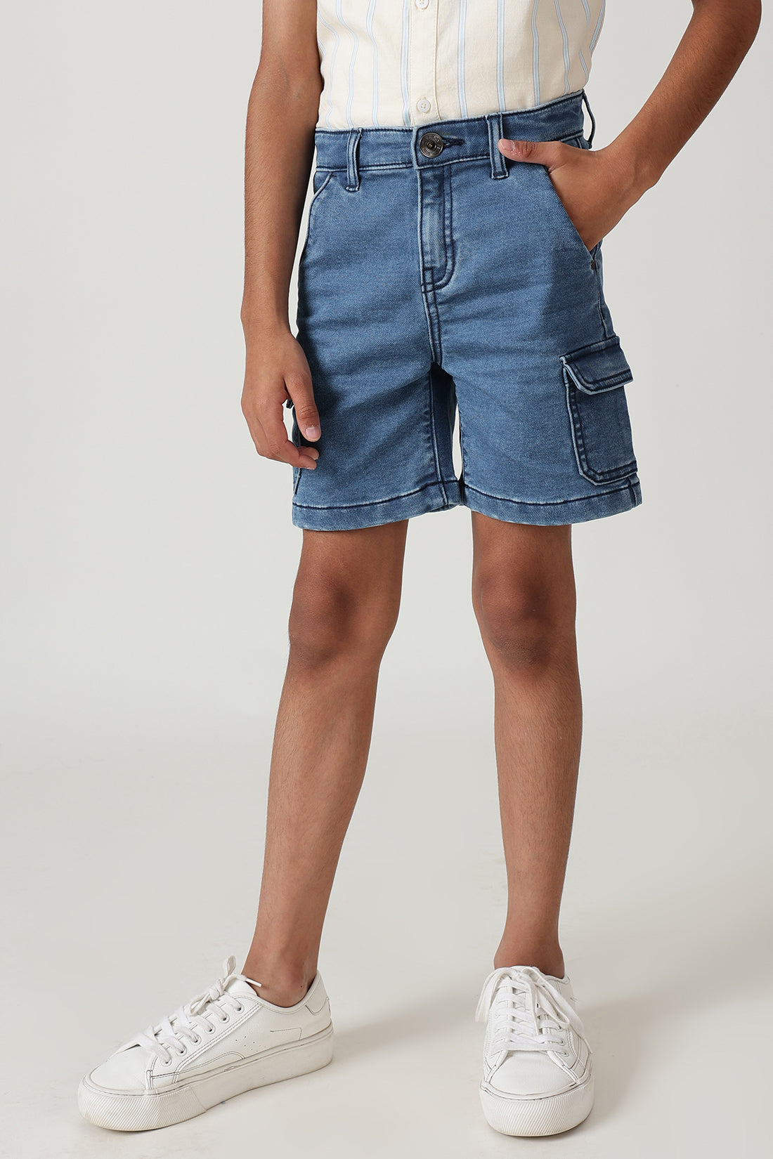 Boys Medium Blue Regular Fitted Solid Shorts by One Friday