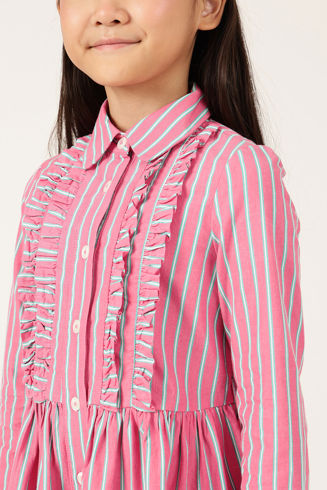 Girls Pink Striped Cotton Shirt Collar Full Sleeve Dress | One Friday
