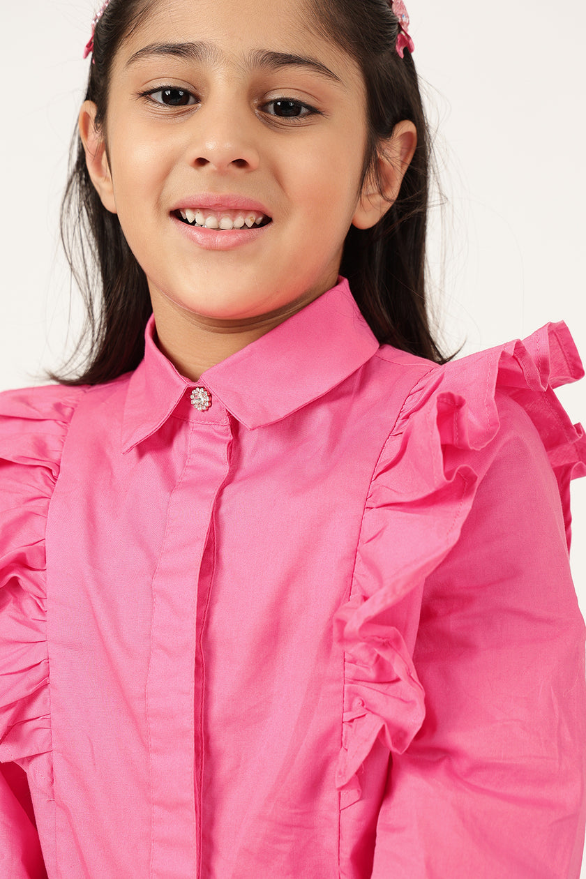 Girls Pink Cotton Shirt Collar Cap Sleeve Top