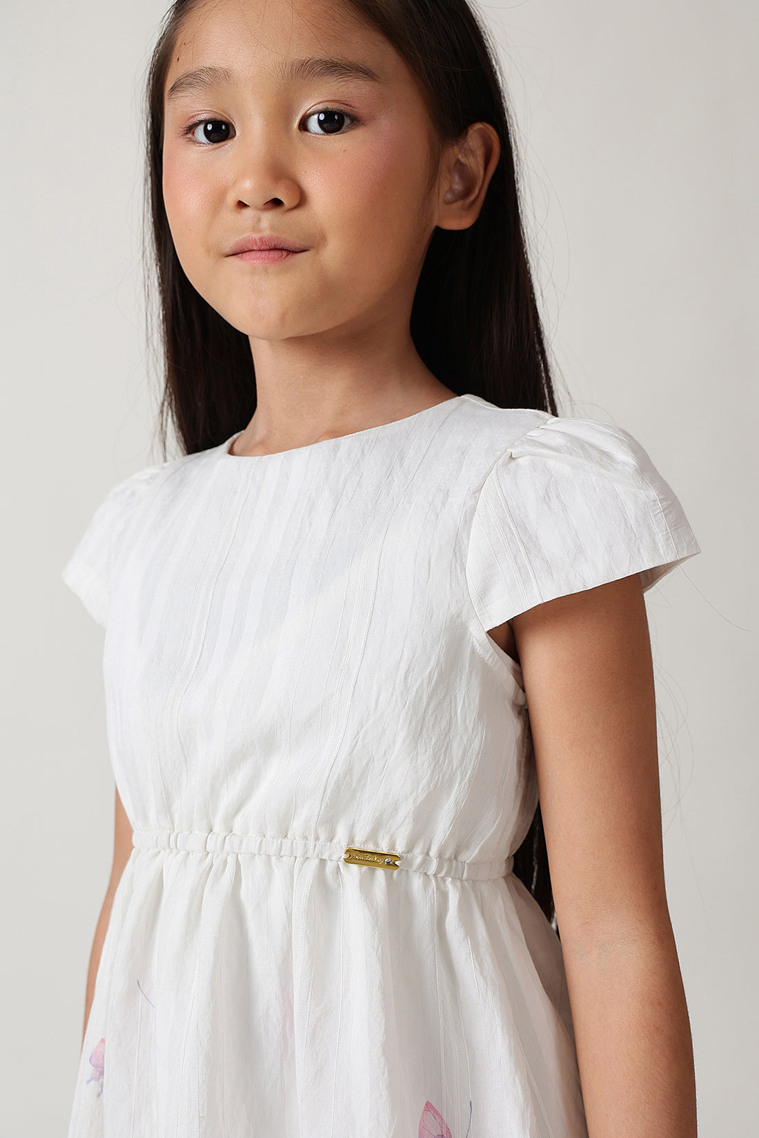 Girls Off White Flared Cap Butterfly Print Dress
