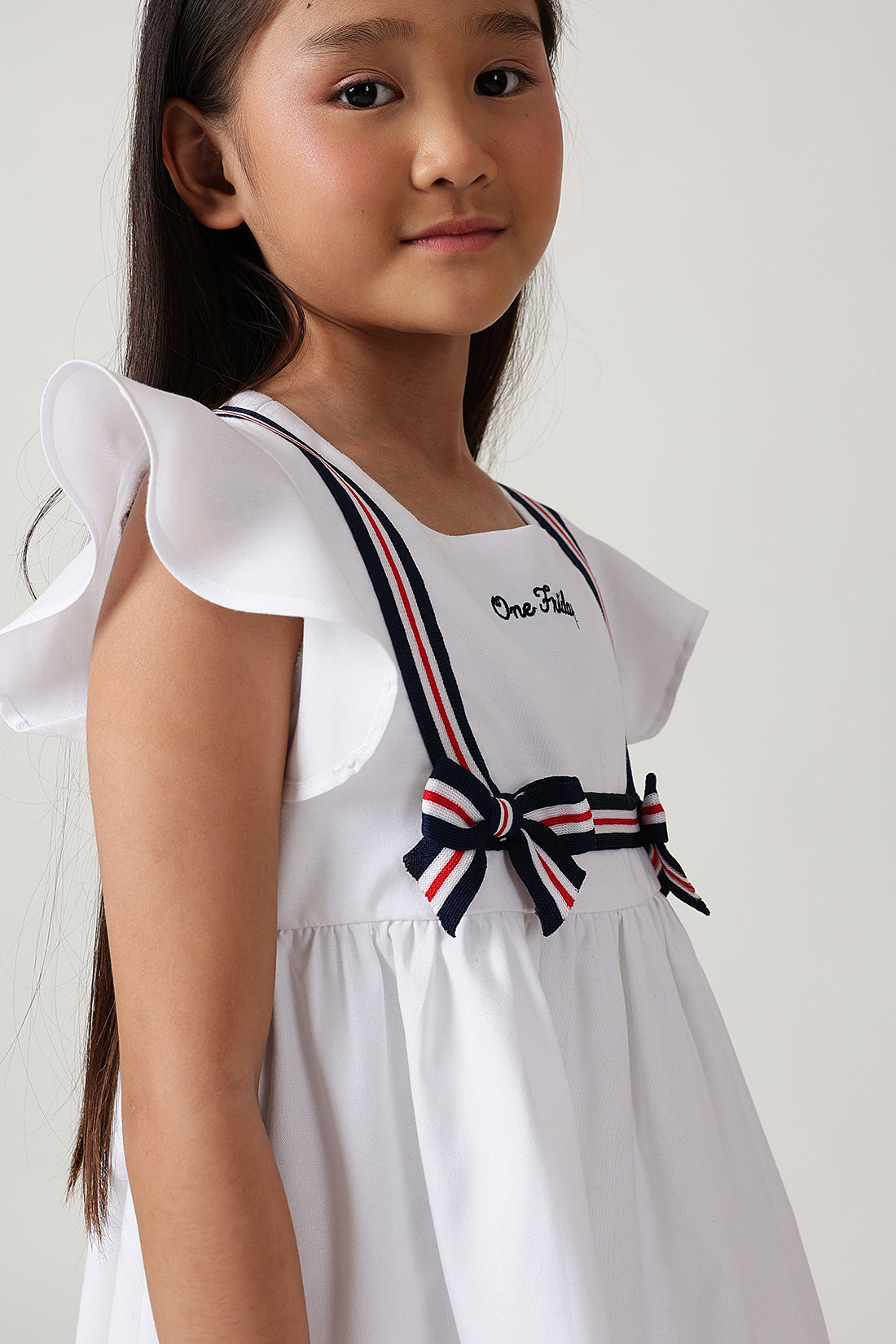 Girls White Fitted & Flared Sleeveless Solid Dress by One Friday
