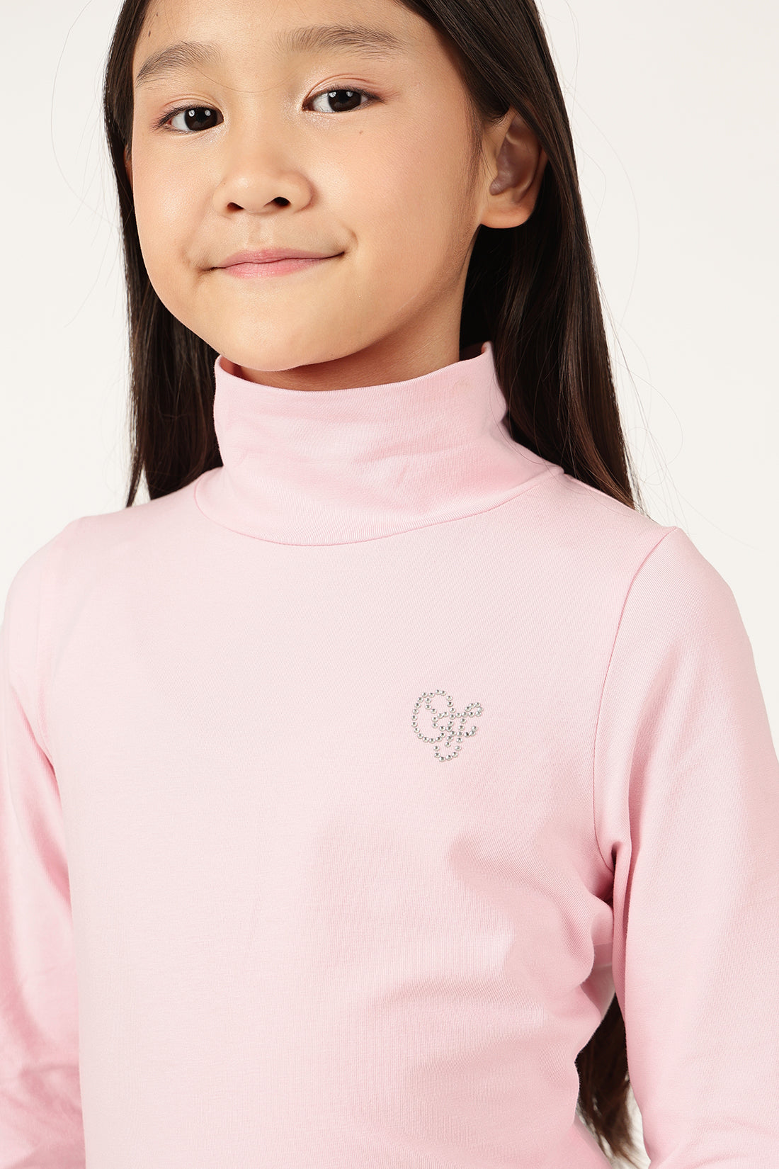 Girls Pink Solid High Neck Knit T-Shirt