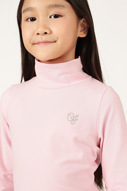 Girls Pink Solid High Neck Knit T-Shirt