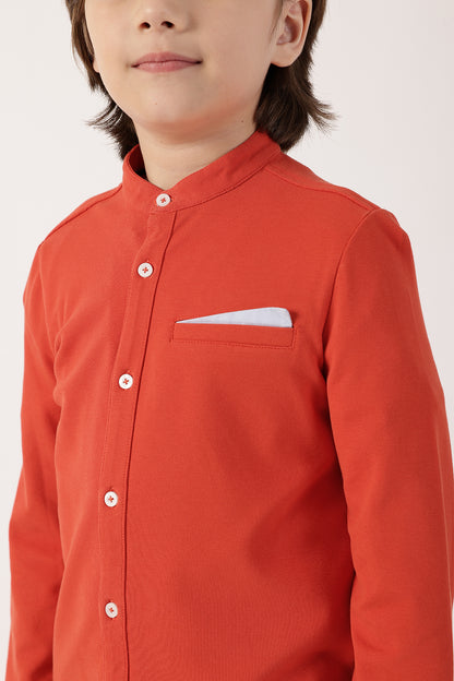 Boys’ Orange Full Sleeve Mandarin Collar Shirt