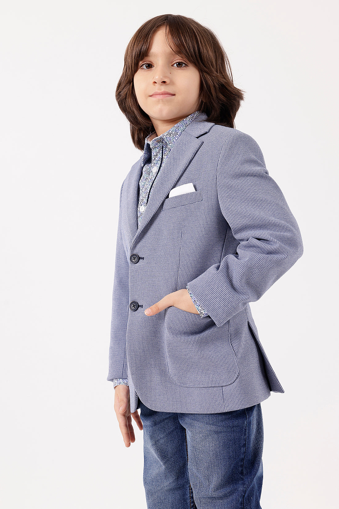 Boys Blue Blazer – Abstract Woven Outerwear