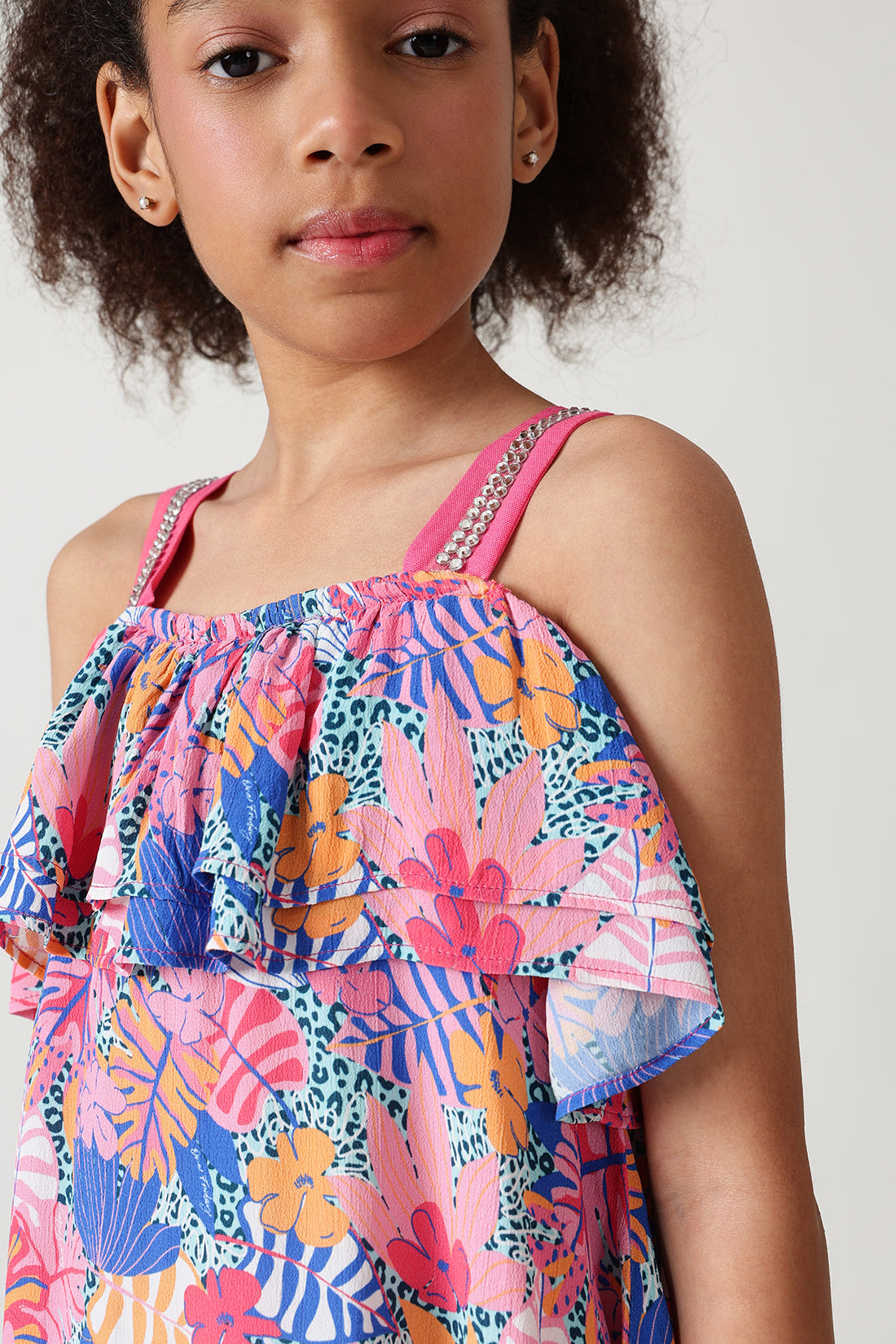 Girls Multi Color Color A-Line Sleeveless Floral Printed Dress by One Friday