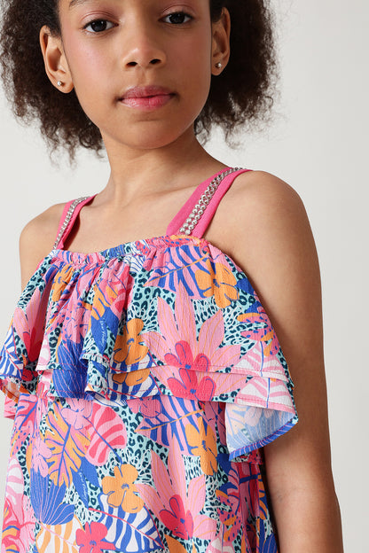 Girls Multi Color A-Line Floral Printed Dress