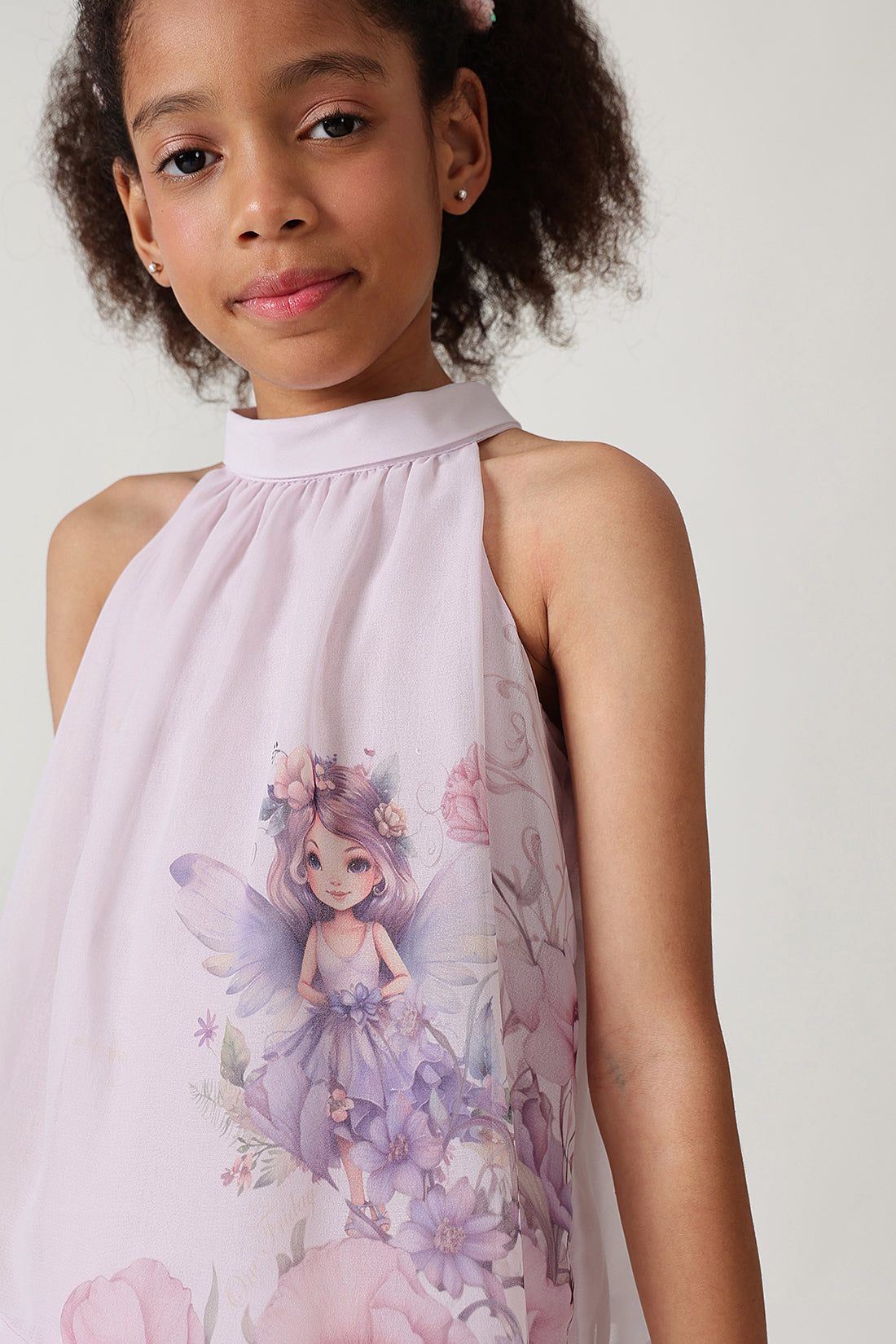 Girls Lavender Flared Sleeveless Fairy Print Top by One Friday