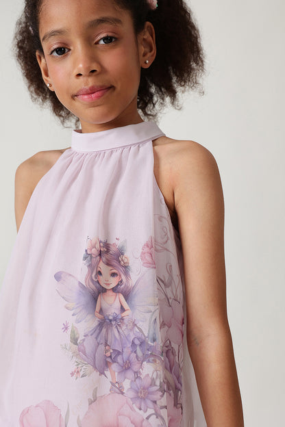 Girls Lavender Flared Sleeveless Fairy Print Top by One Friday