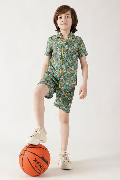 Boys Green Half Sleeve Printed Co-ord Set by One Friday