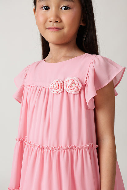 Girls Pink Fitted & Flared Frill Sleeve Solid Dress by One Friday