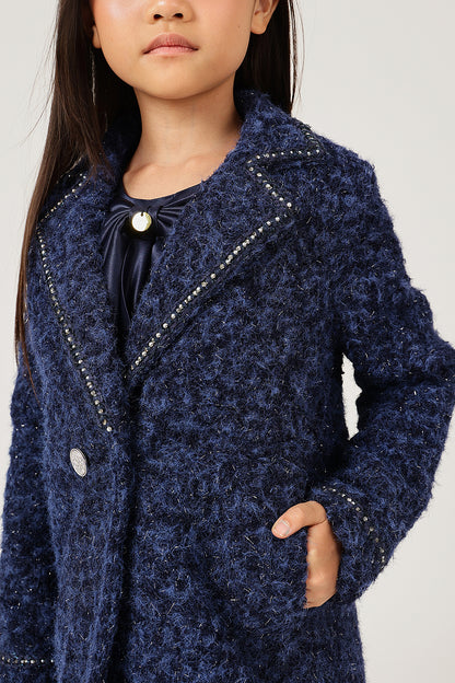 Girls Navy Blue Solid Shirt Collar Overcoat