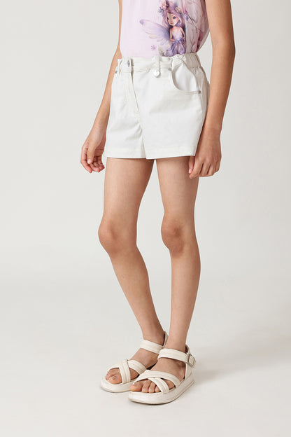 Girls White Regular Fit Solid Shorts by One Friday