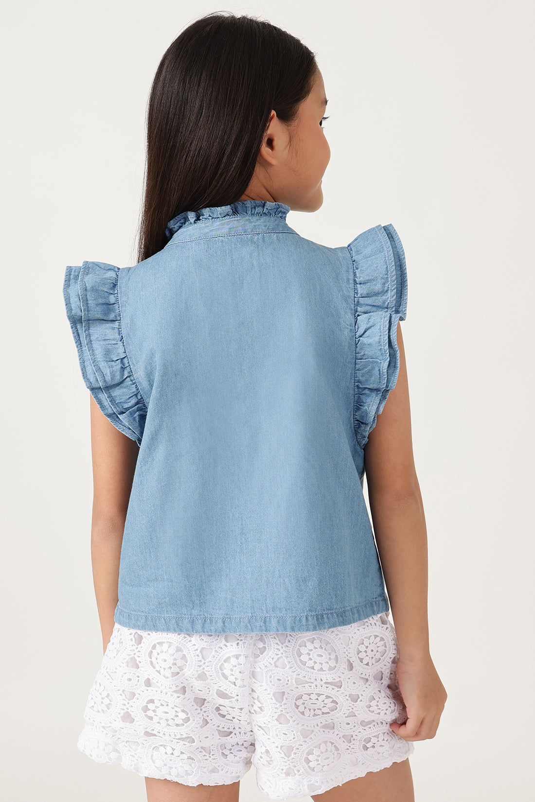 One Friday Girls' Medium Blue Ruffled Top – Soft Cotton & Stylish Fit