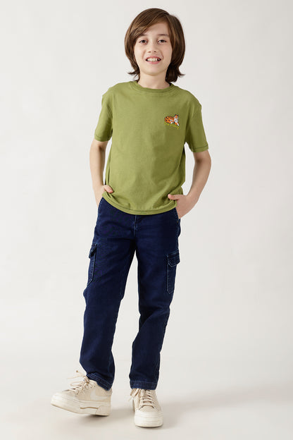 Boys Olive Regular Fitted Half Sleeve Solid T-Shirts