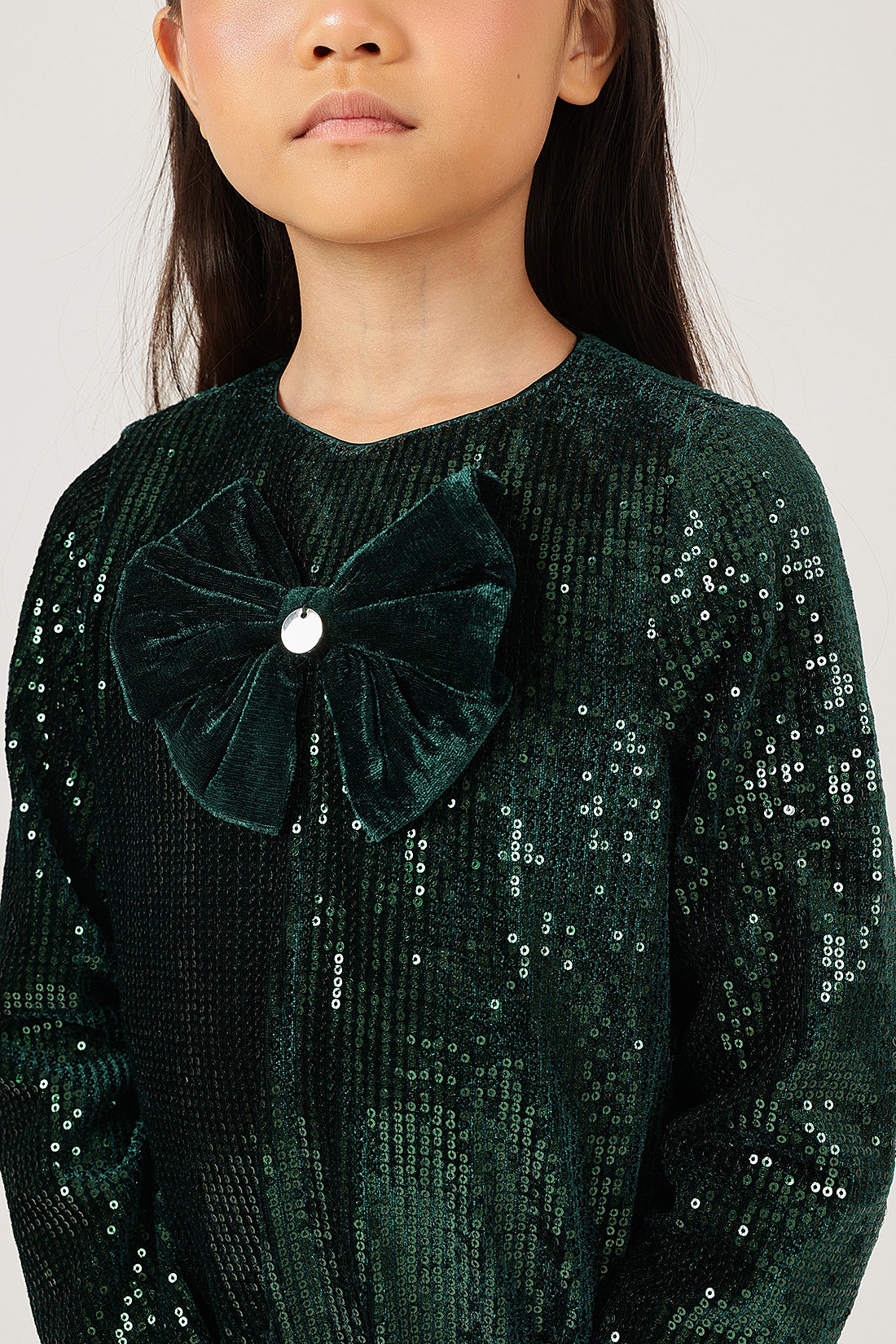 Girls Green Solid Full Sleeve Polyester Dress | One Friday