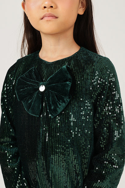 Girls Green Solid Full Sleeve Polyester Dress | One Friday