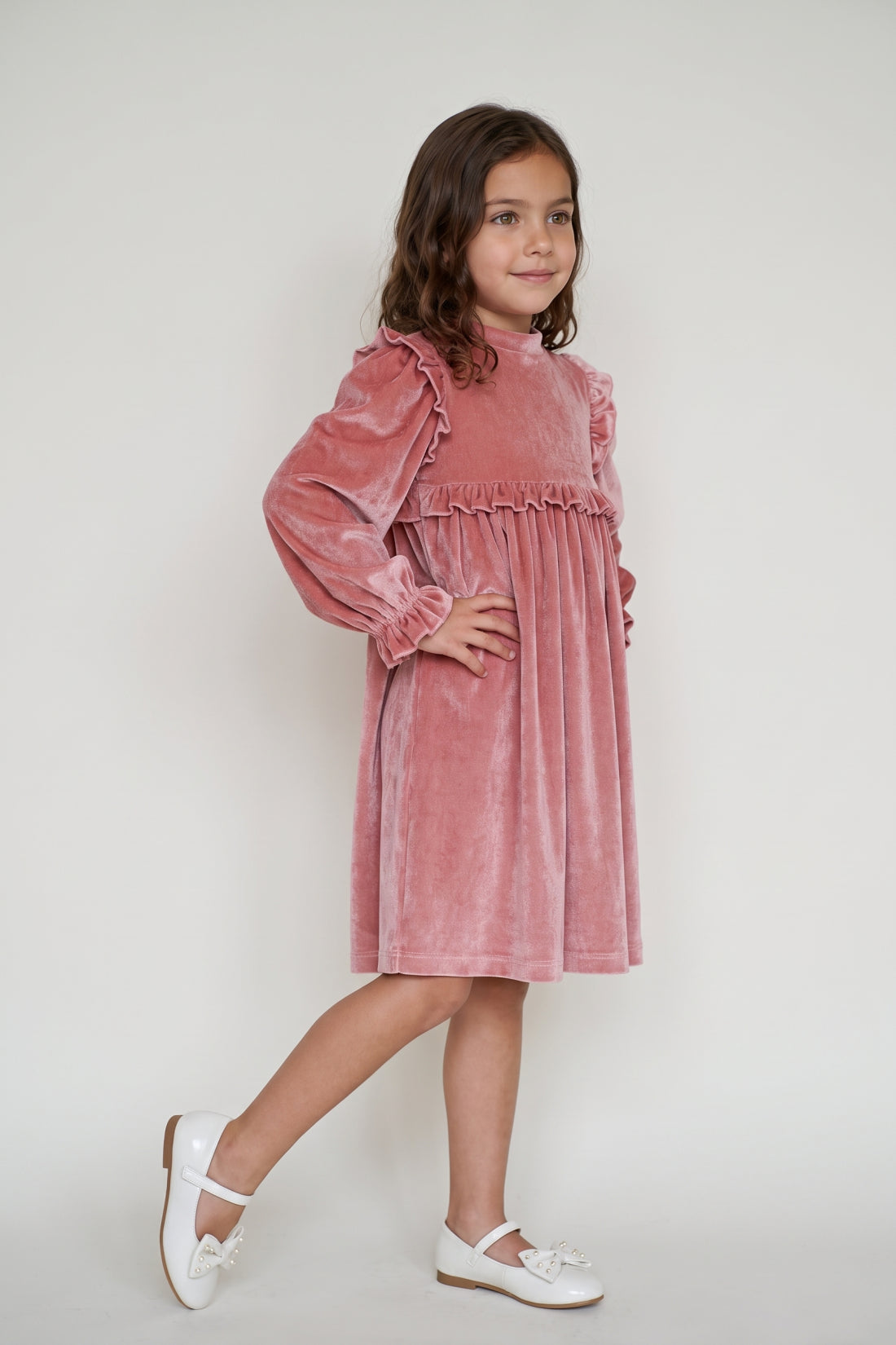 Girls Peach Solid Velour Ruffle Collar Dress