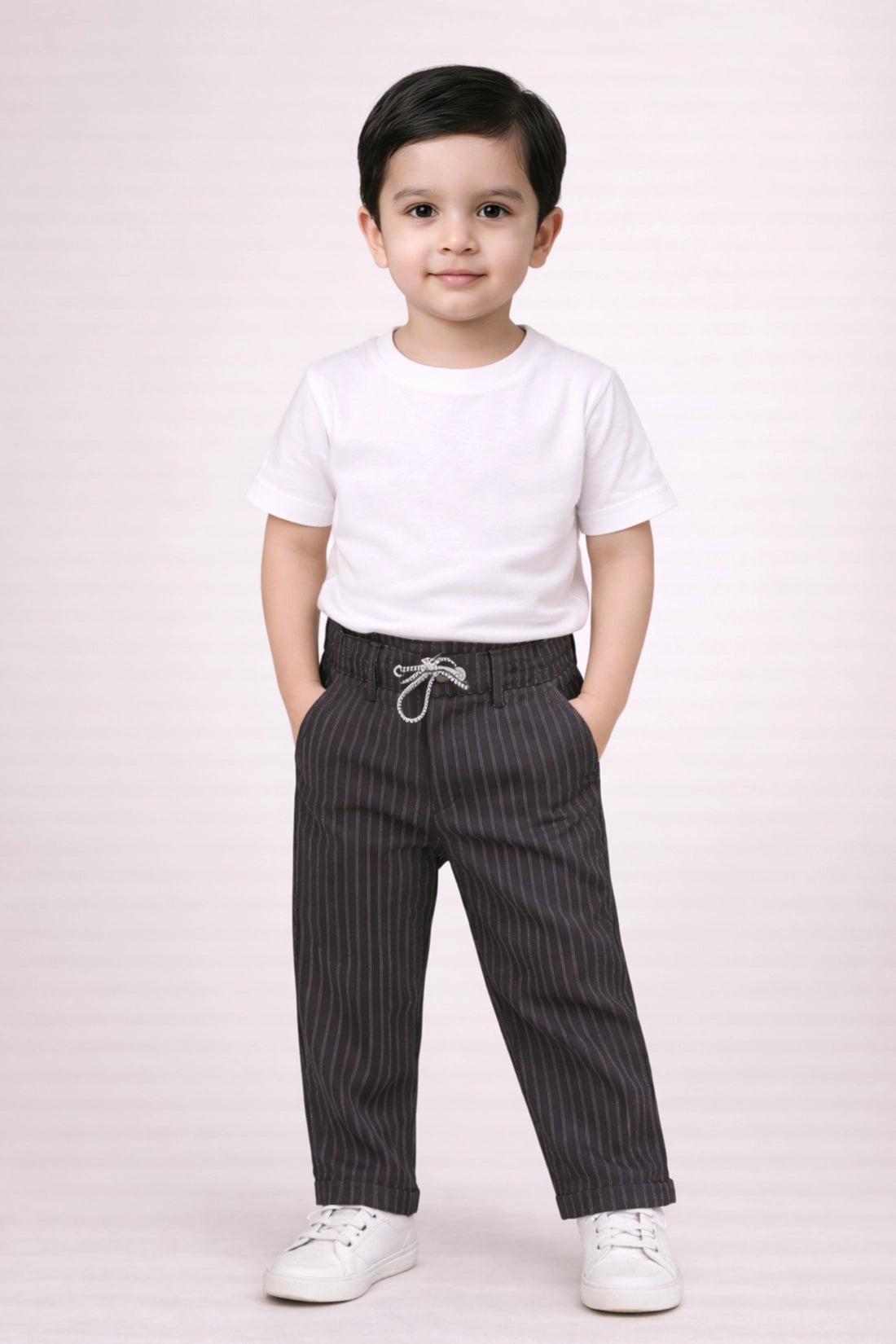 Boys Black Striped Polyester Trousers