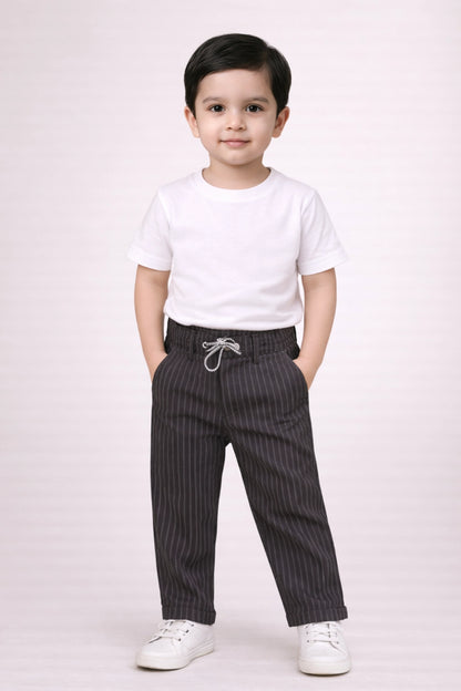 Boys Black Striped Polyester Trousers
