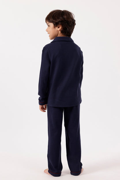 One Friday Boys’ Navy Blue Knitted Night Suit – Soft Finish for Cozy Sleep