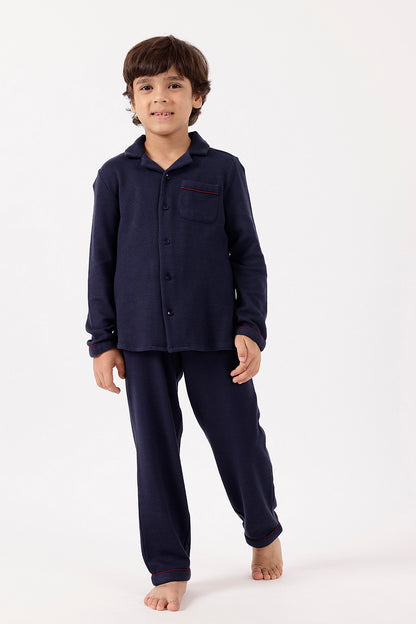 One Friday Boys’ Navy Blue Knitted Night Suit – Soft Finish for Cozy Sleep