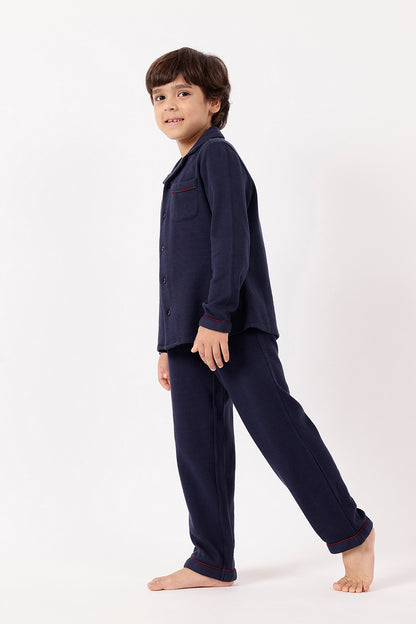 One Friday Boys’ Navy Blue Knitted Night Suit – Soft Finish for Cozy Sleep