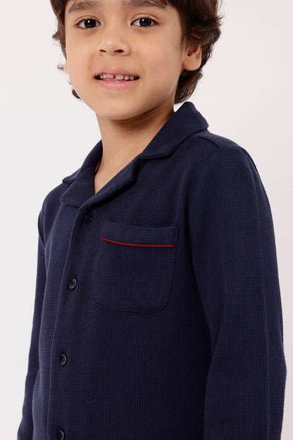 One Friday Boys’ Navy Blue Knitted Night Suit – Soft Finish for Cozy Sleep
