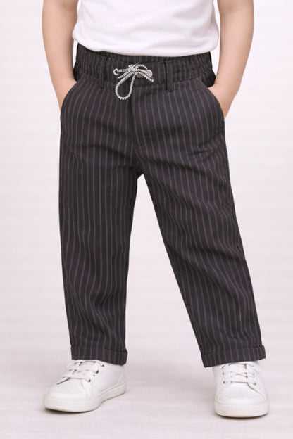 Boys Black Striped Polyester Trousers