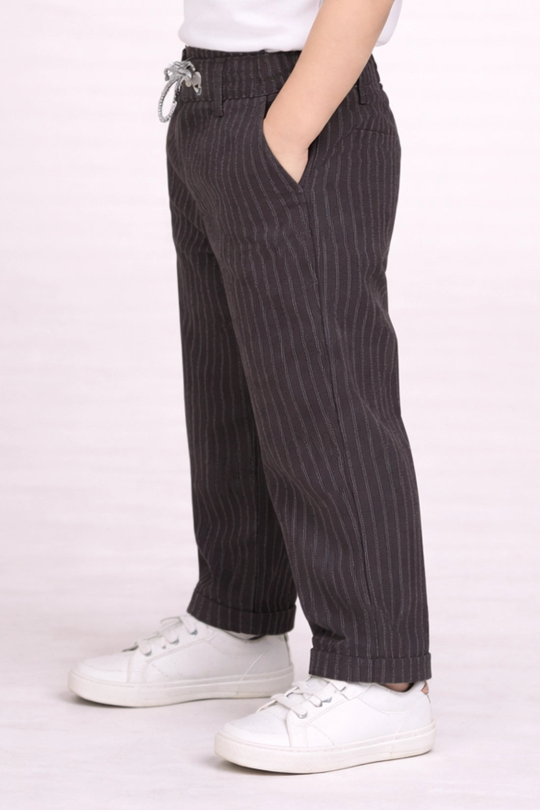 Boys Black Striped Polyester Trousers