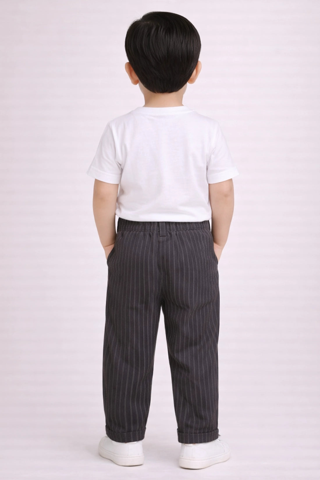 Boys Black Striped Polyester Trousers