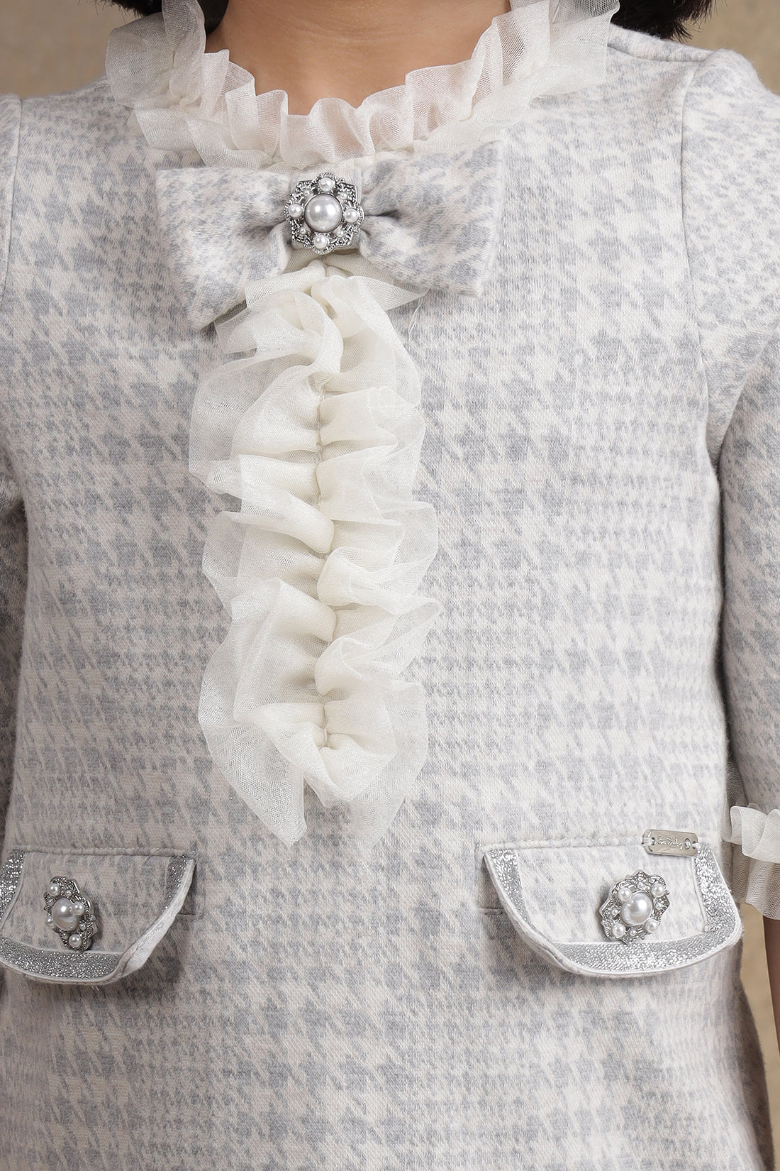 Girls Grey Checks Short Woolen Dress