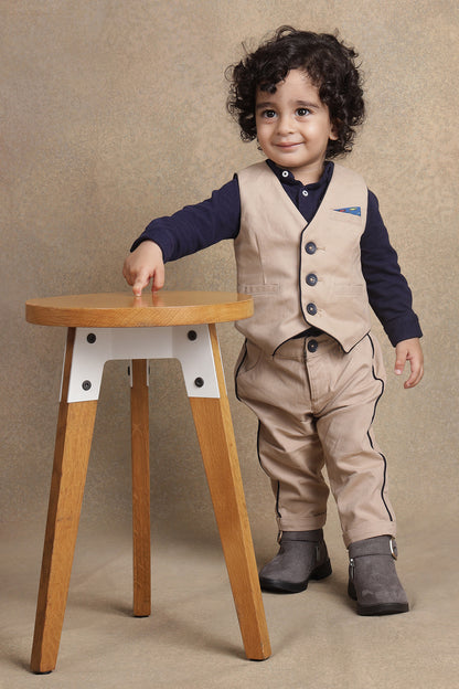Baby Boys Beige Solid Waistcoat T-Shirt With Trouser