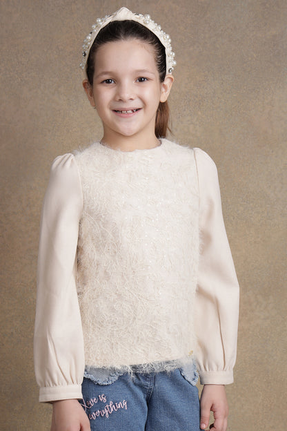 One Friday Kids Girls Beige Laced Full Sleeves Top