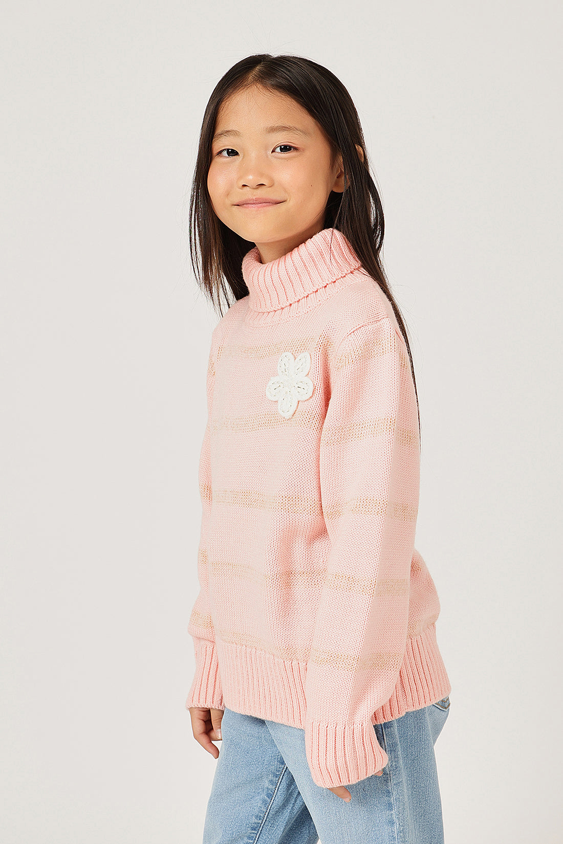Girls Pink High Neck Knit Sweater