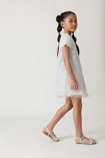 Girls White A-Line Cap Sleeve Solid Dress By One Friday
