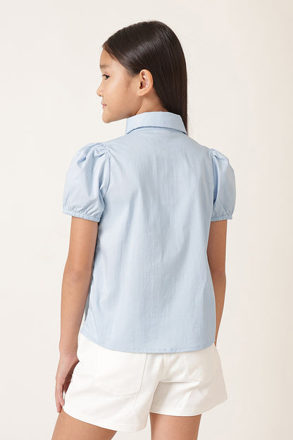 Girls Blue Solid Polyester Summer Top – Button Front