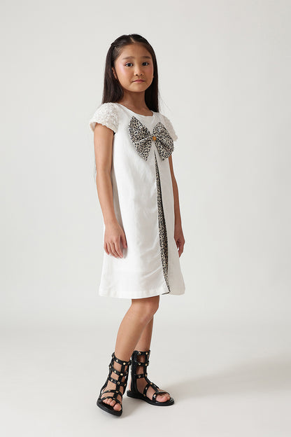 Girls Off-White A-Line Cap Sleeve Solid Dress by One Friday