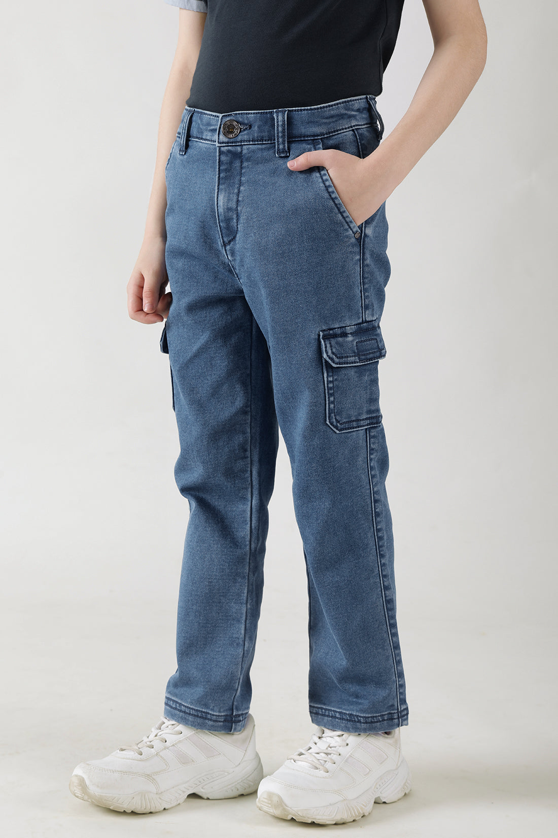 Boys Blue Regular Fit Solid Denim Cargo by One Friday