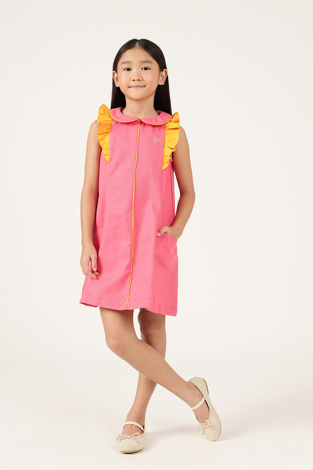 Girls Pink Solid Cotton Sleeveless Peter Pan Collar Dress | One Friday