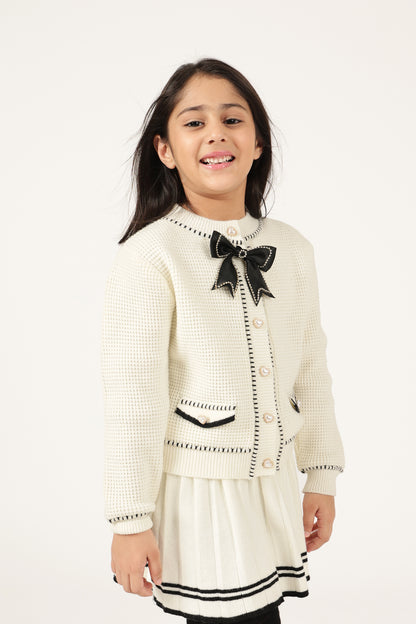 Girls Off White Round Neck Knit Cardigan