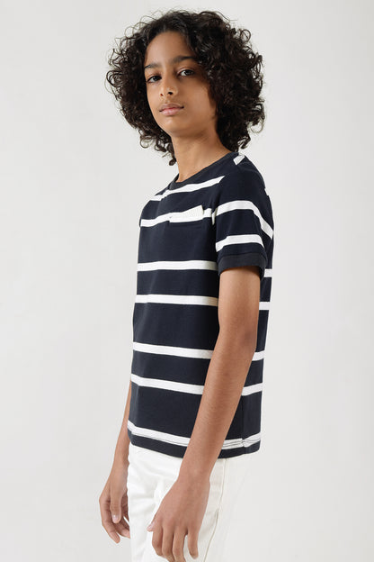 Boys Navy Blue Regular Fit Short Sleeve Striped T-Shirts By One Friday